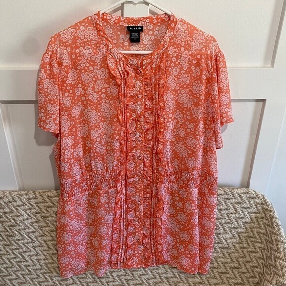 Torrid Sheer Floral Ruffle Button Front Smocked Blouse - Picture 1 of 6